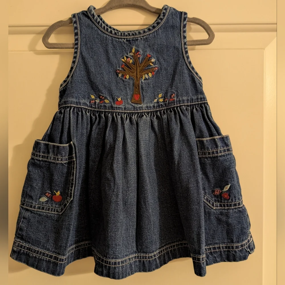 $ Vintage Baby Gap Denim Dress with Embroidered Tree And‎ Leaf Detail
